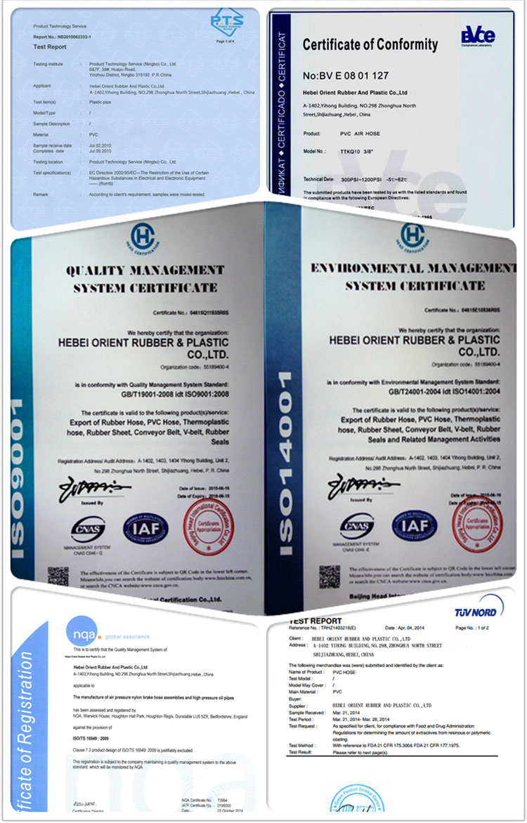 Certificate of pvc steel wire reinforced hose